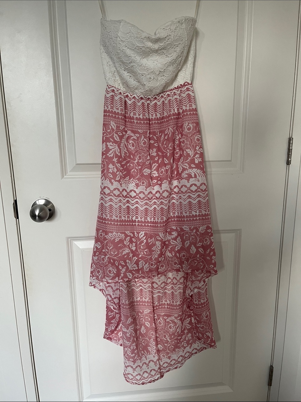 Strapless White Lace Bodice Pink Floral High-Low Maxi Dress by Ardene